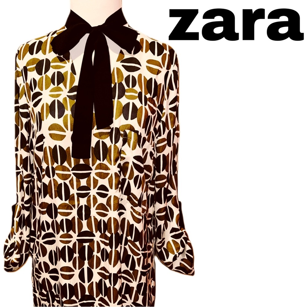 Zara Green, Black and Cream Retro Look Shift Dress with Neck Tie/Bow